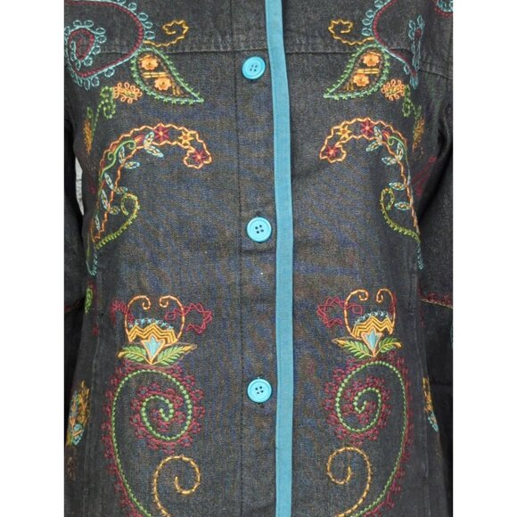 Denim & Co Vintage Embroidered Denim Jacket Pants Set Small QVC NEW - Picture 7 of 14